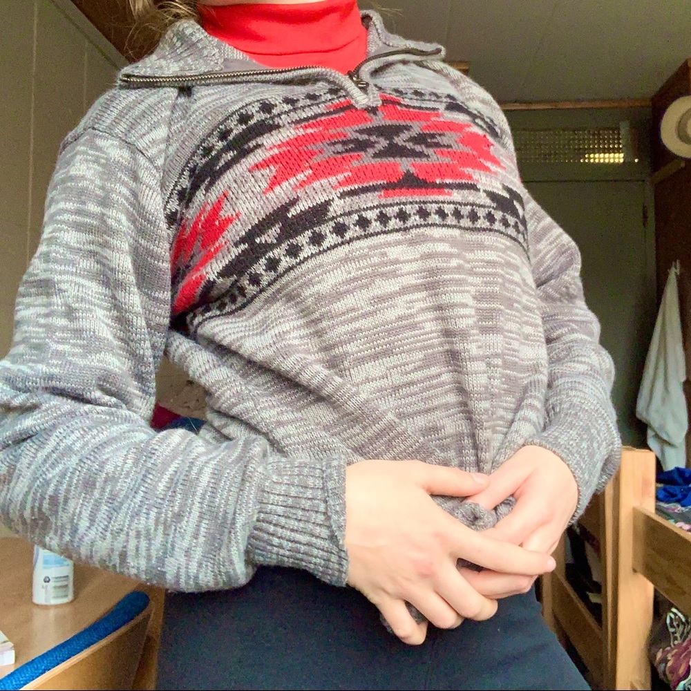 grey and red knit sweater